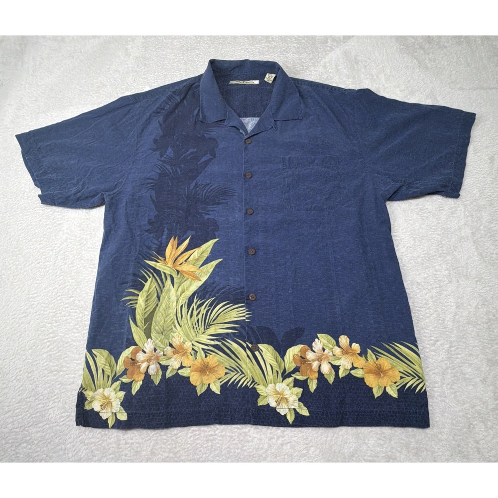 Tommy Bahama Men's XL 100% Silk Button Up T-Shirt Hawaiian Theme Floral Bright